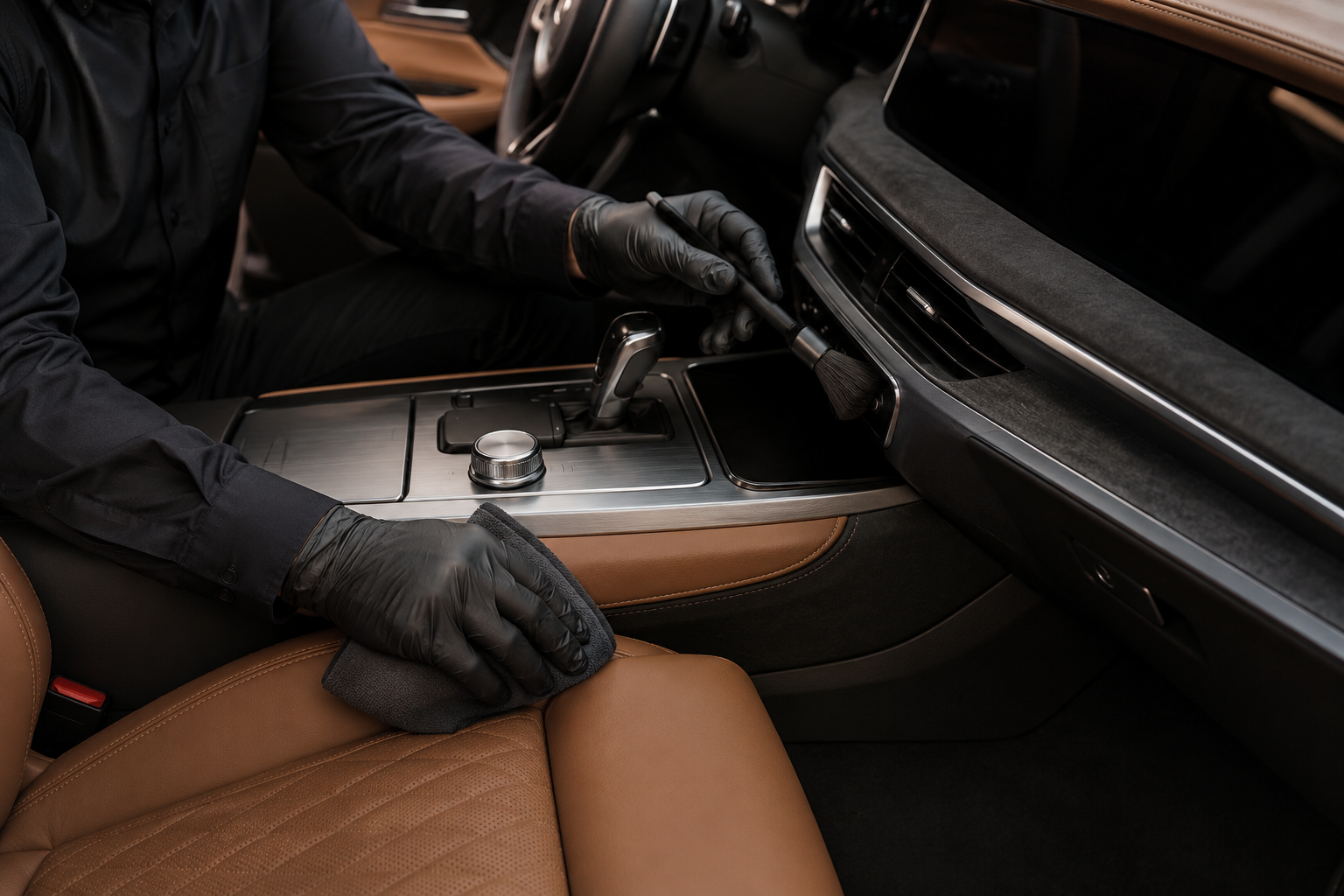 A MotorPreserve technician carefully treating a luxury vehicle interior